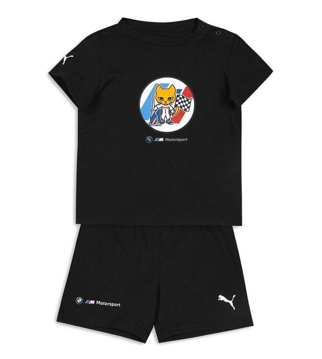 puma kids bmw m motorsport black printed regular fit t-shirt & shorts