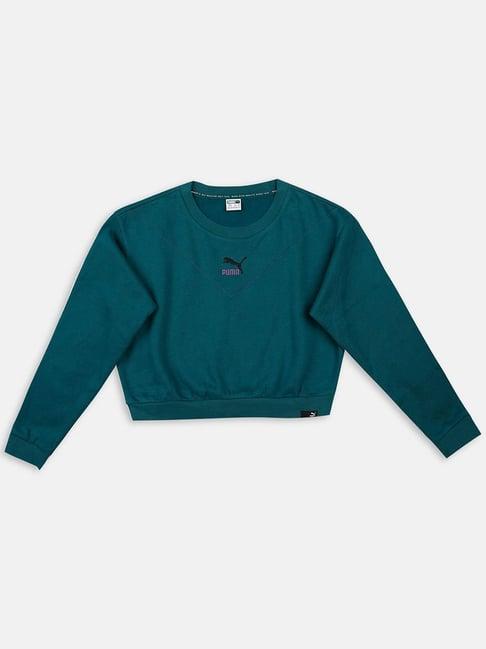 puma kids classics grl crew fl g green cotton relaxed fit full sleeves sweatshirt