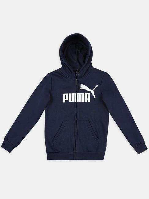 puma kids ess fz fl b navy & white cotton logo full sleeves hoodie