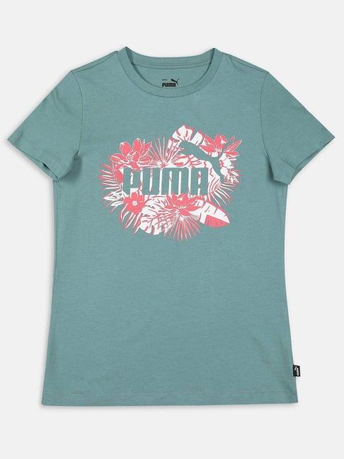 puma kids essential+ flower power grey & pink cotton logo t-shirt