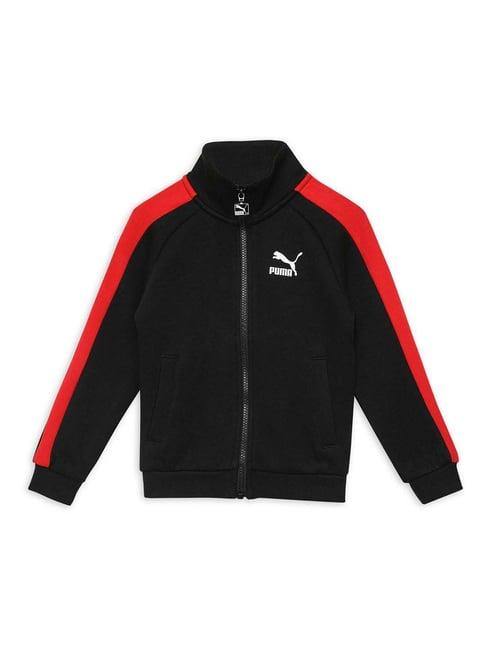 puma kids iconic t7 black & red cotton logo full sleeves track jacket