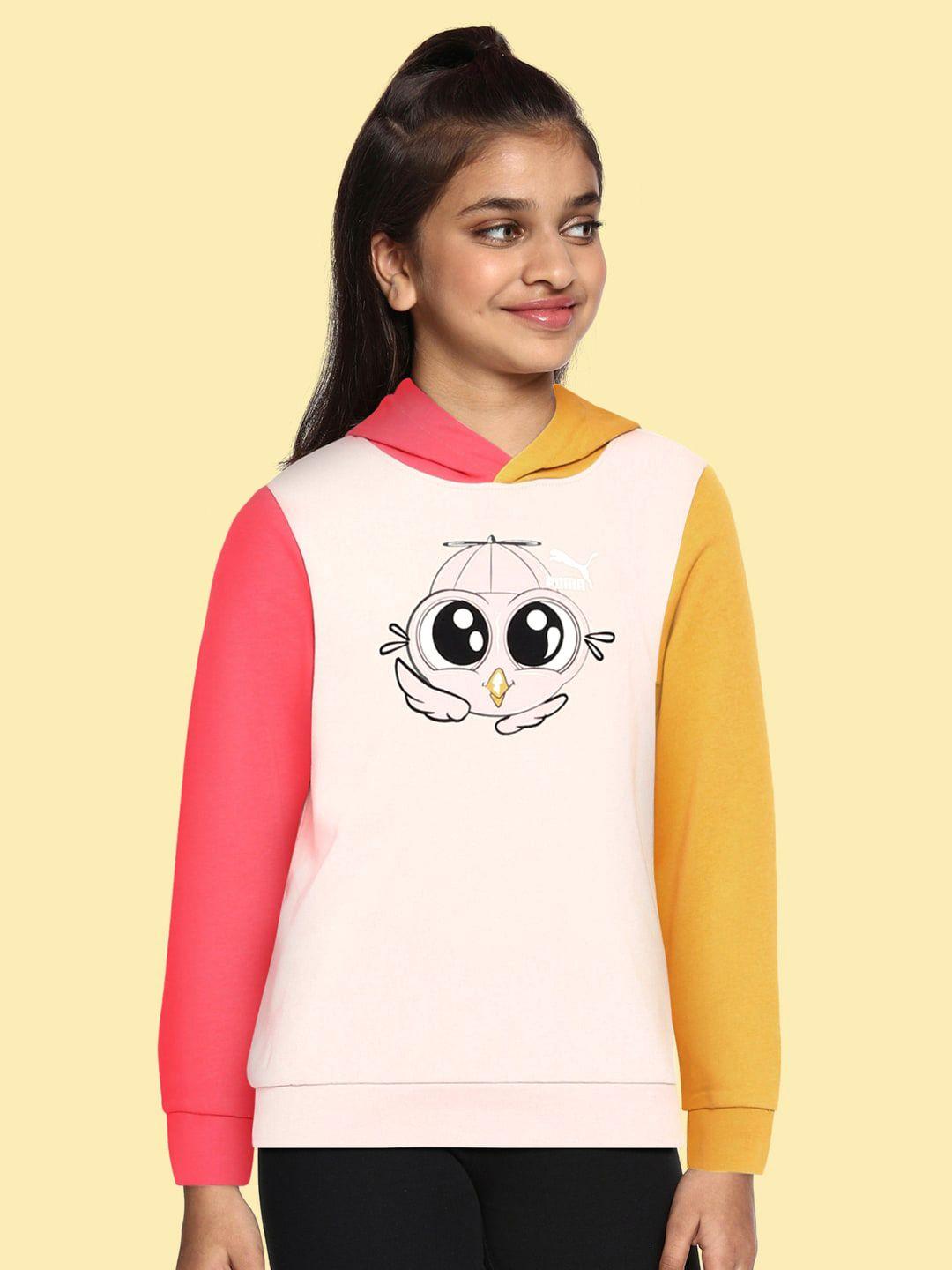 puma kids pink & mustard yellow graphic print lil hoodie sweatshirt