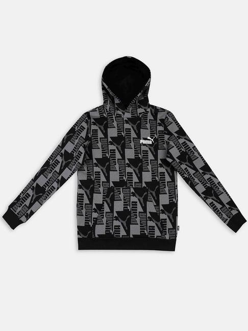 puma kids power aop fl b black & grey cotton printed full sleeves hoodie