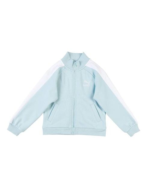 puma kids summer squeeze t7 aqua blue & white cotton logo full sleeves jacket
