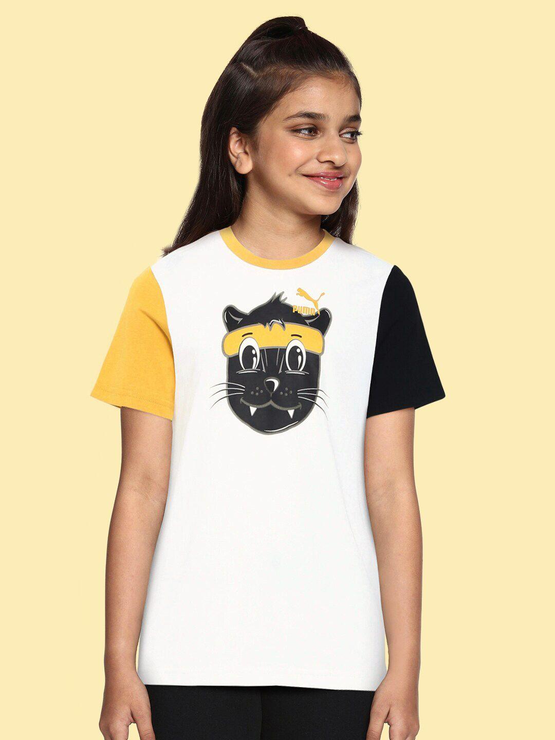 puma kids white & black cat face print t-shirt