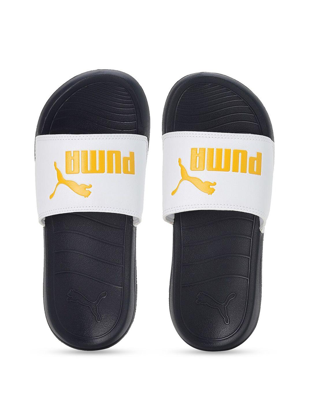 puma kids white & yellow printed popcat 20 youth sliders