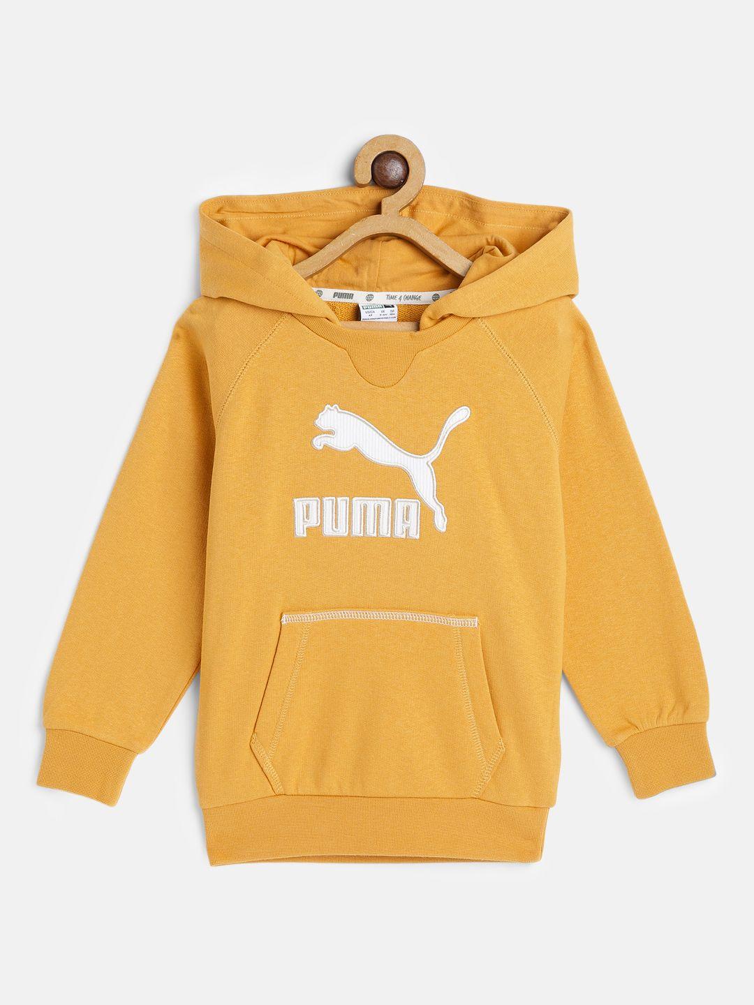 puma kids yellow brand logo printed hooded sweatshirt