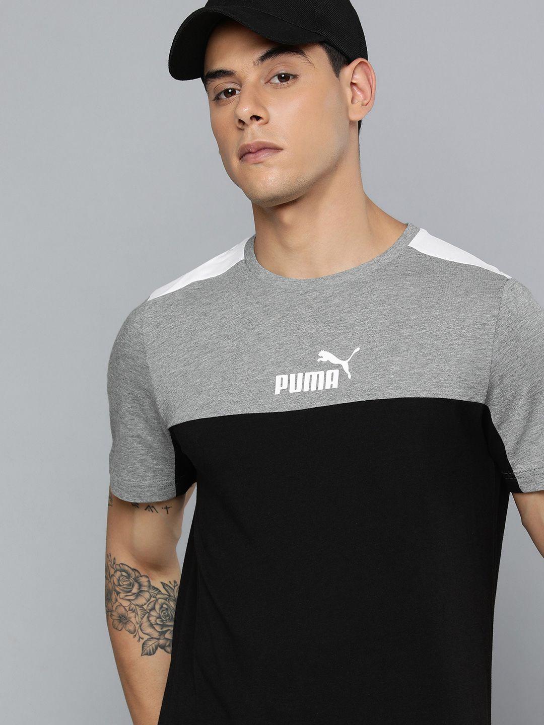 puma men black & grey essentials colourblocked t-shirt