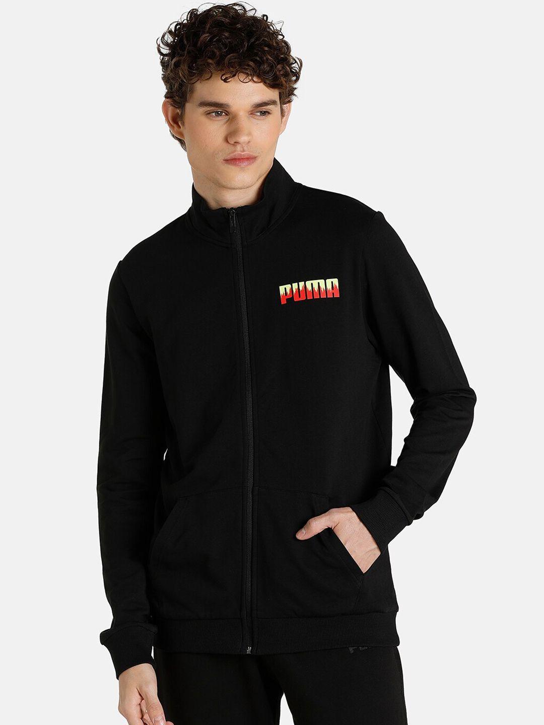 puma men black & orange india brand logo open front sweat jacket