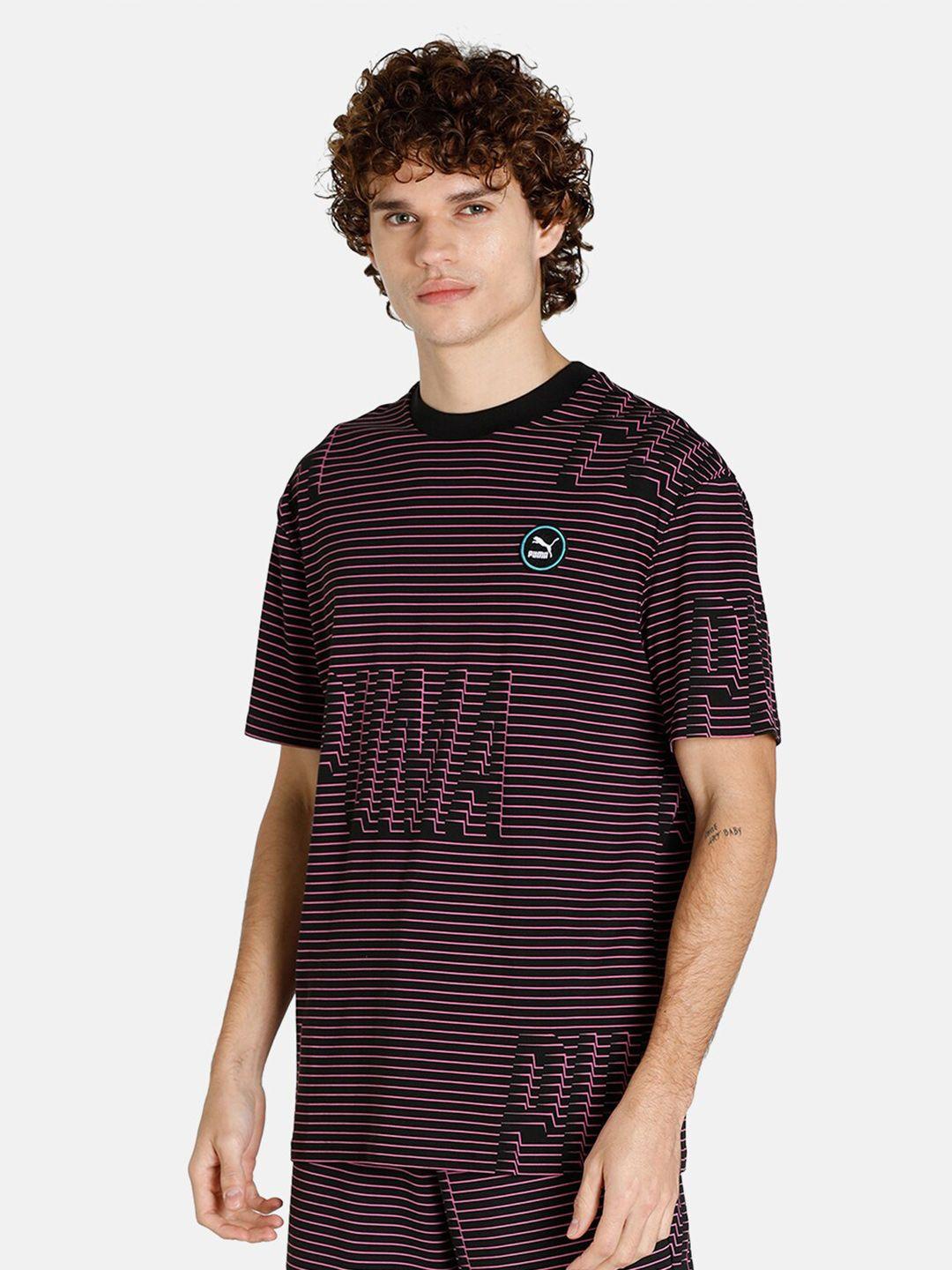 puma men black & pink striped swxp round neck cotton relaxed fit t-shirt