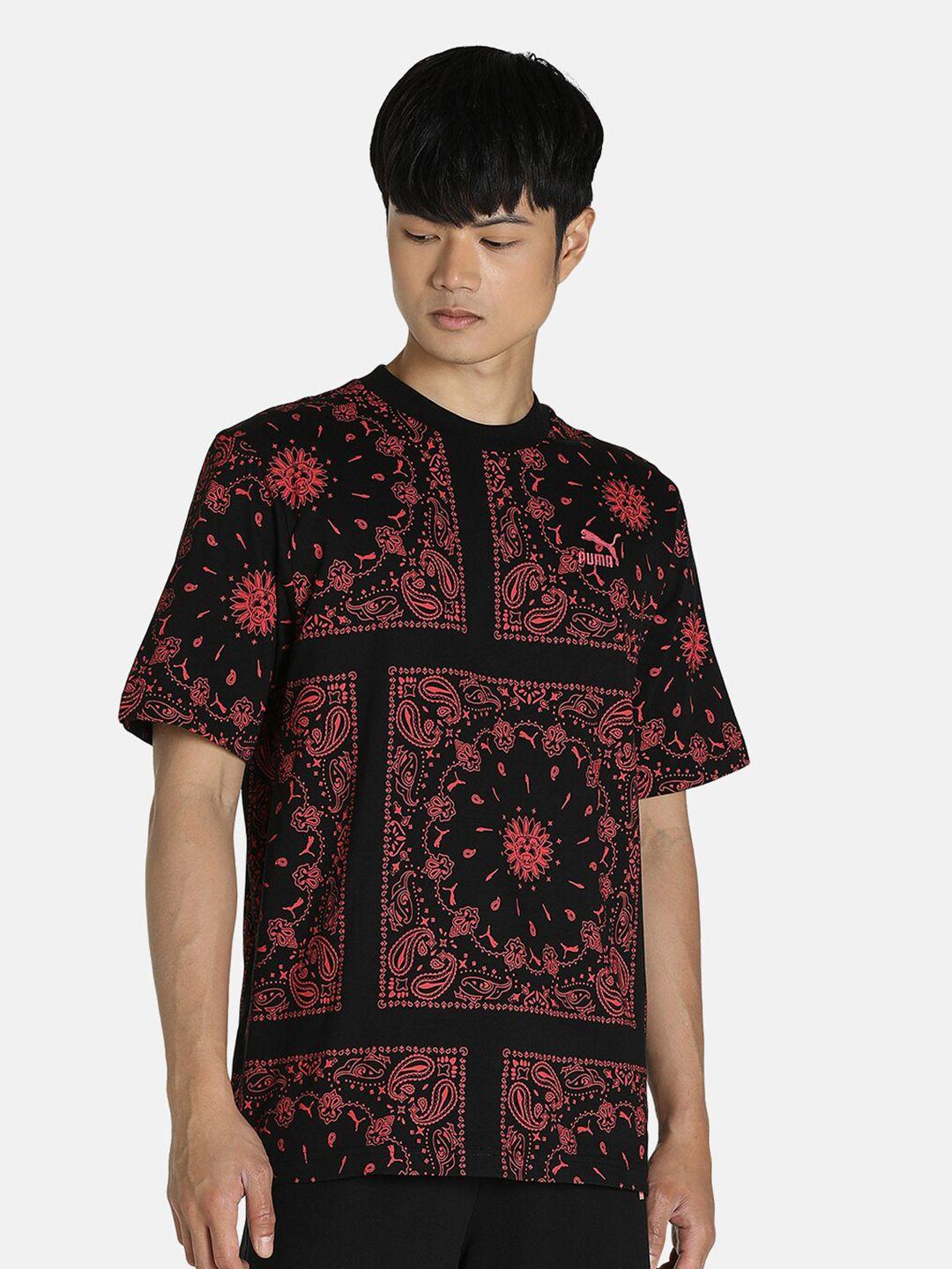 puma men black & red ethnic motifs printed ob aop t-shirt