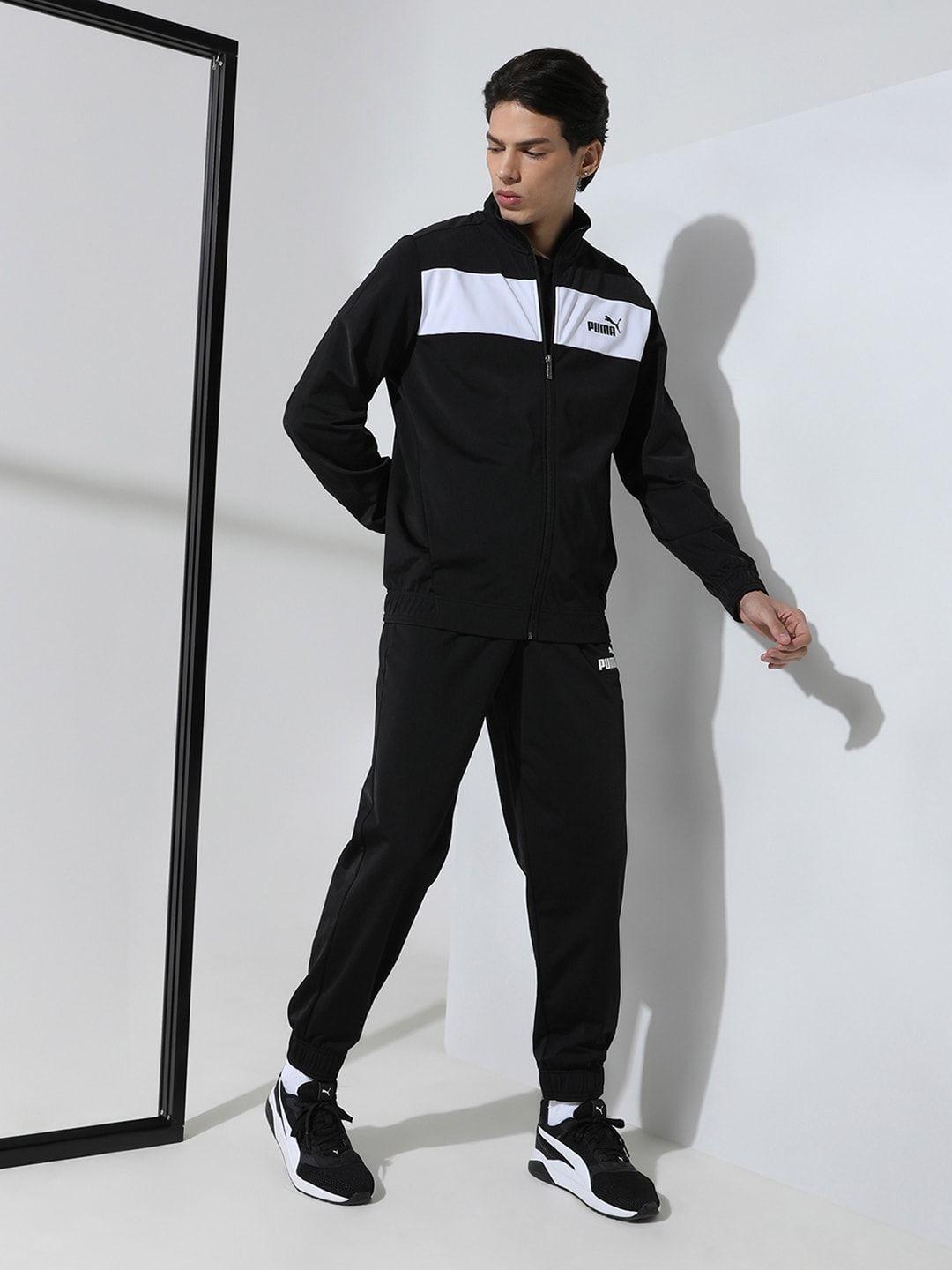 puma men black & white colorblocked polyester sustainable tracksuit