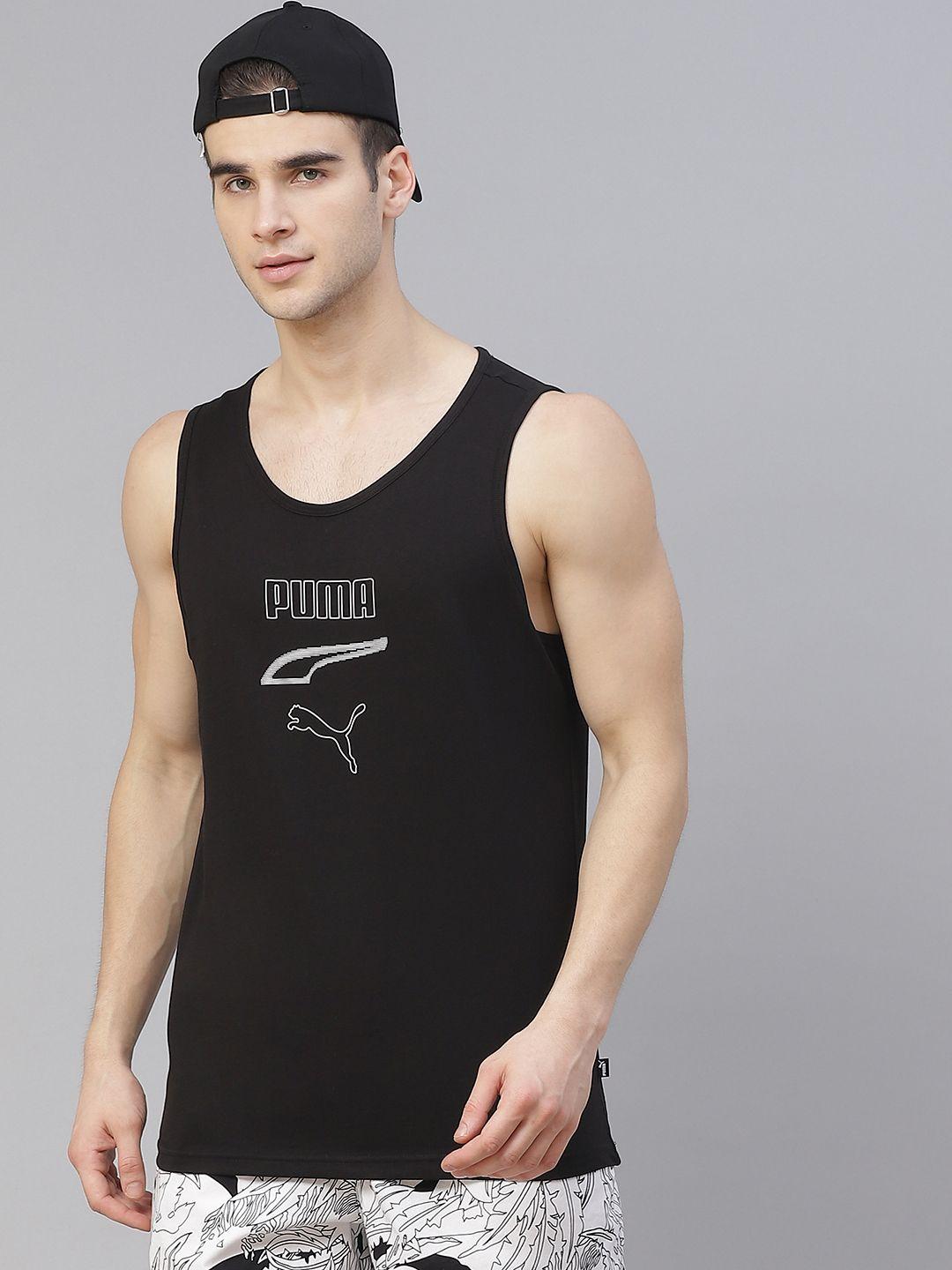 puma men black  white printed rebel tank pure cotton t-shirt