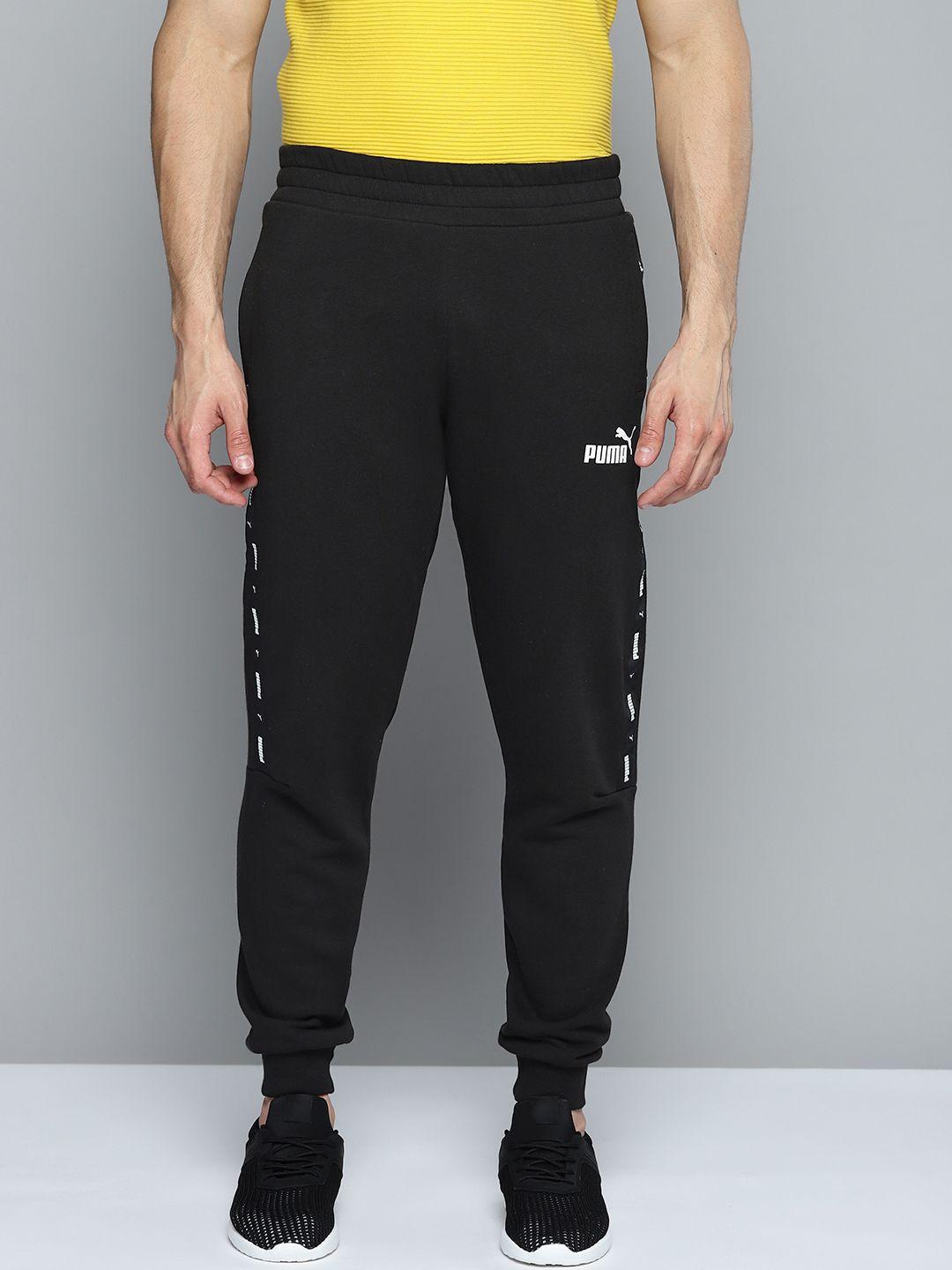 puma men black bramd logo printed essential mid rise sustainable joggers