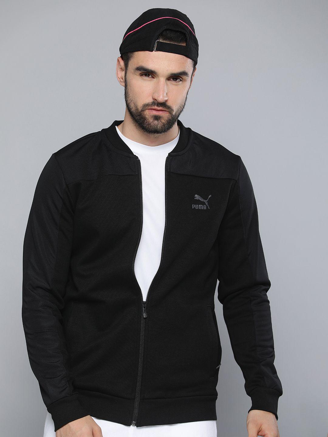 puma men black brand logo embroidered outdoor sporty jacket with embroidered