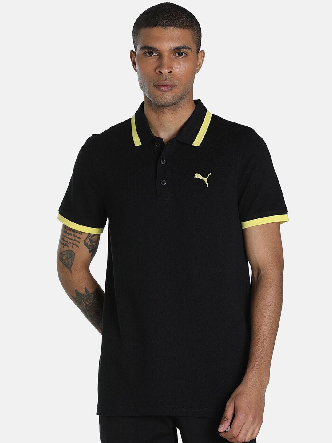 puma men black ess pique tipping polo collar slim fit cotton t-shirt