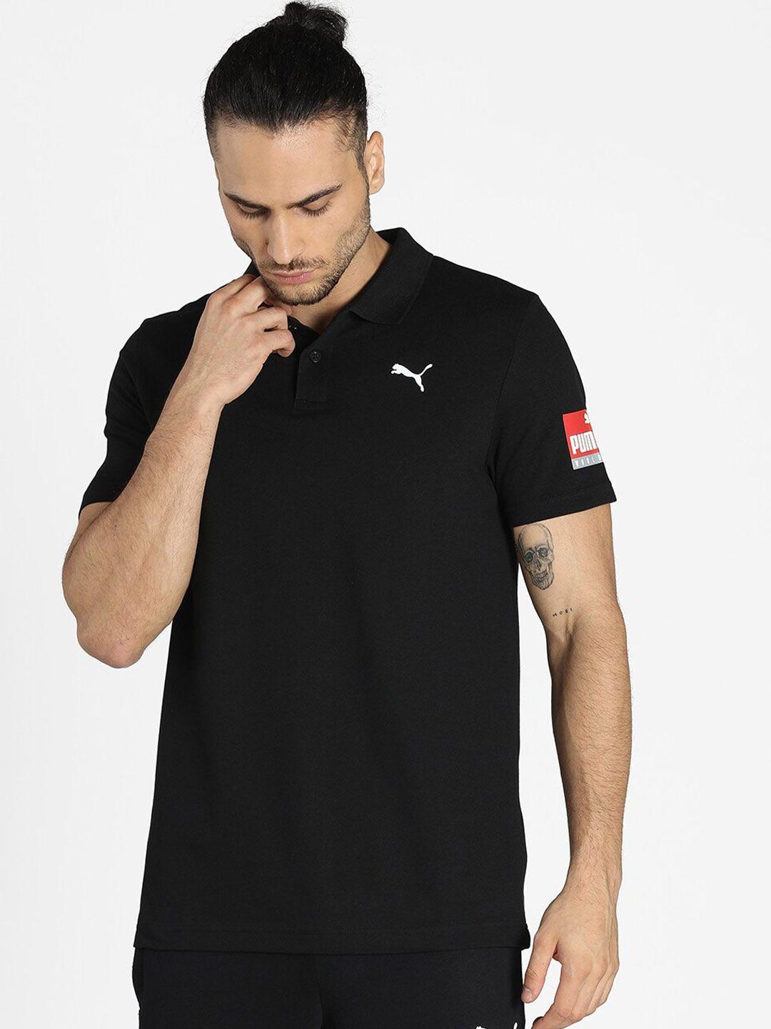 puma men black solid polo collar slim fit cotton t-shirt