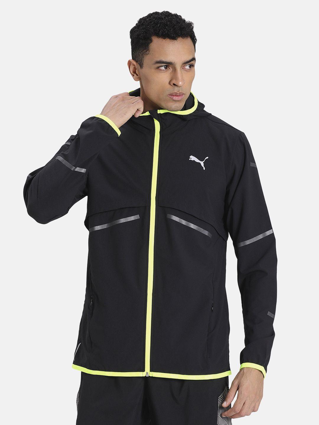 puma men black solid reflective strip runner id sporty track jacket