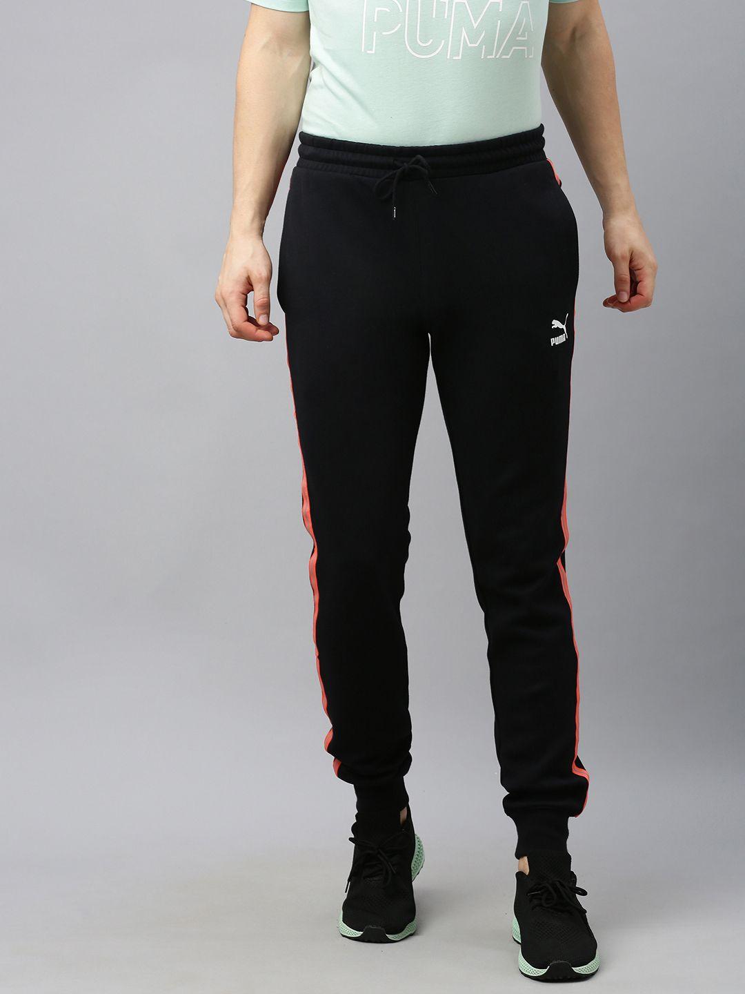 puma men black solid regular fit knitted joggers with side taping detail