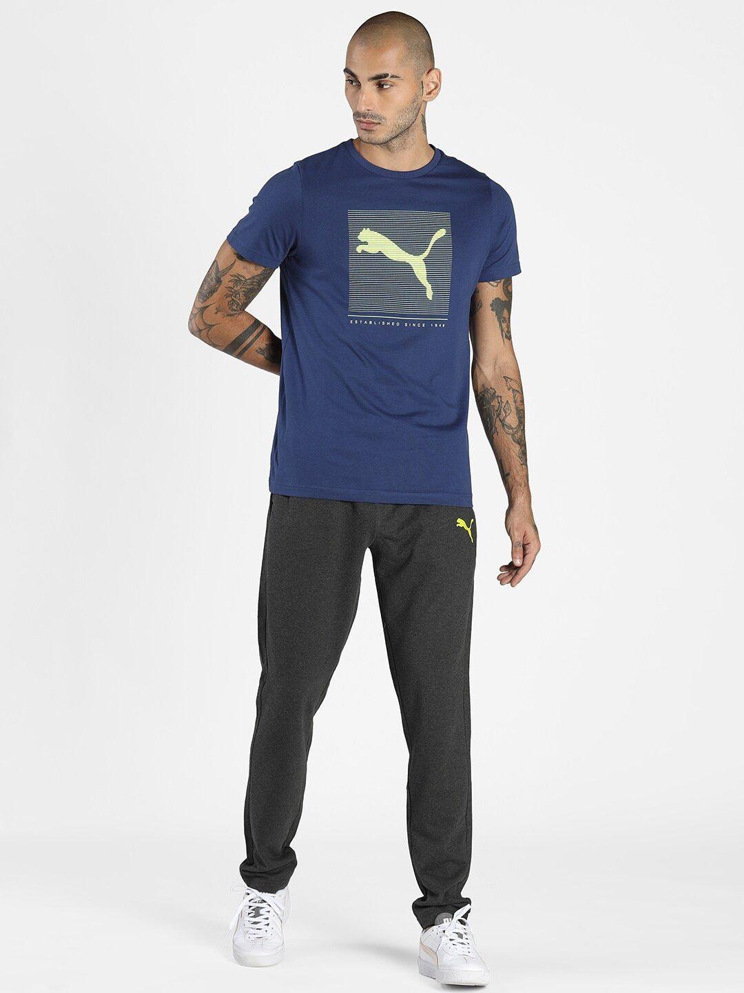 puma men blue & fluorescent green printed cotton t-shirt