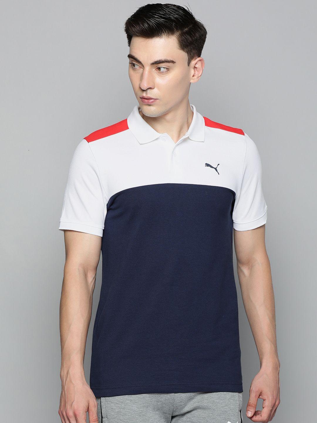 puma men blue & white colourblocked polo collar slim fit pure cotton t-shirt