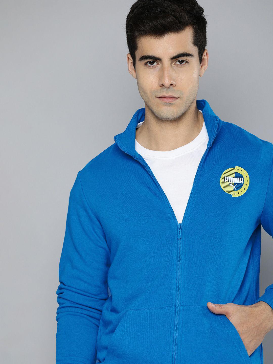 puma men blue brand logo printed bomber track jacket