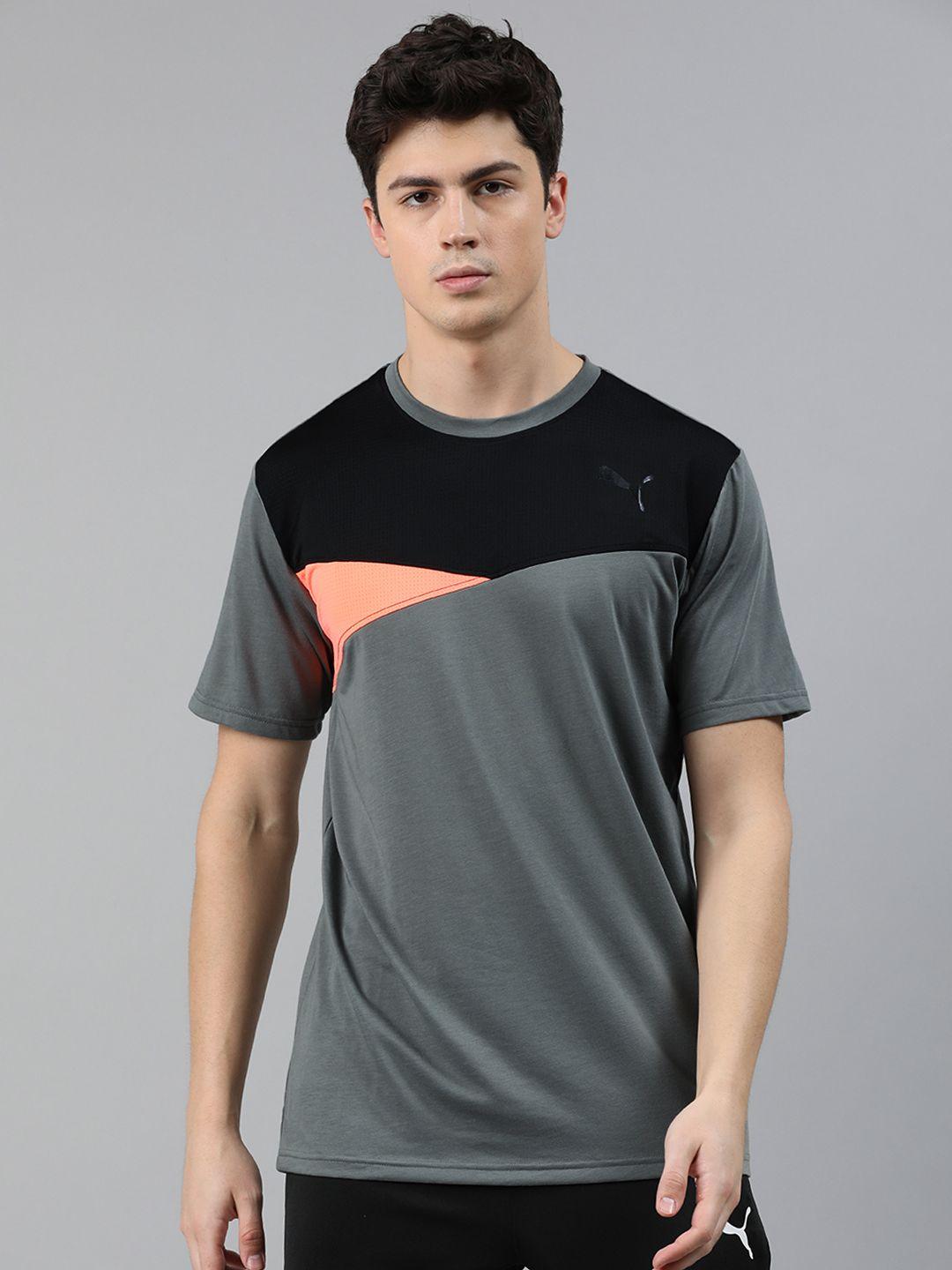 puma men grey & black colourblocked round neck drycell training t-shirt