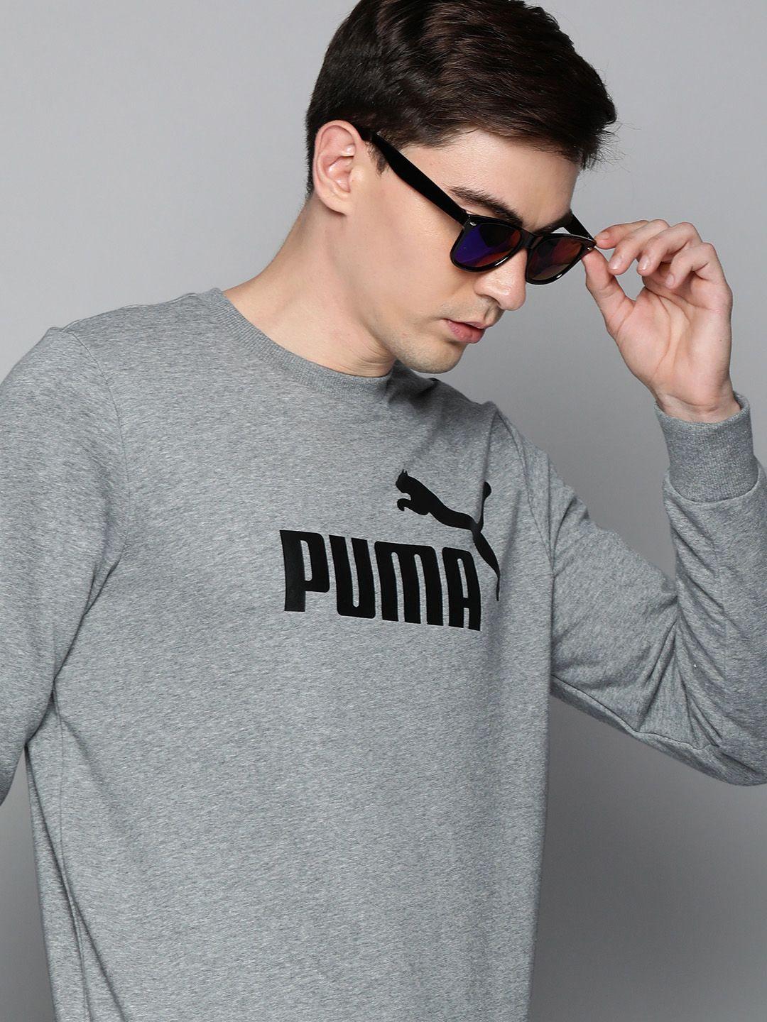 puma men grey & black ess big logo crew tr sweatshirt