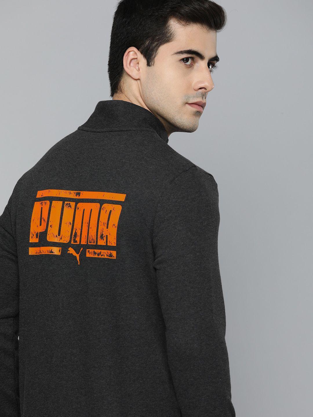 puma men grey & orange brand logo printed slim fit sporty track jacket