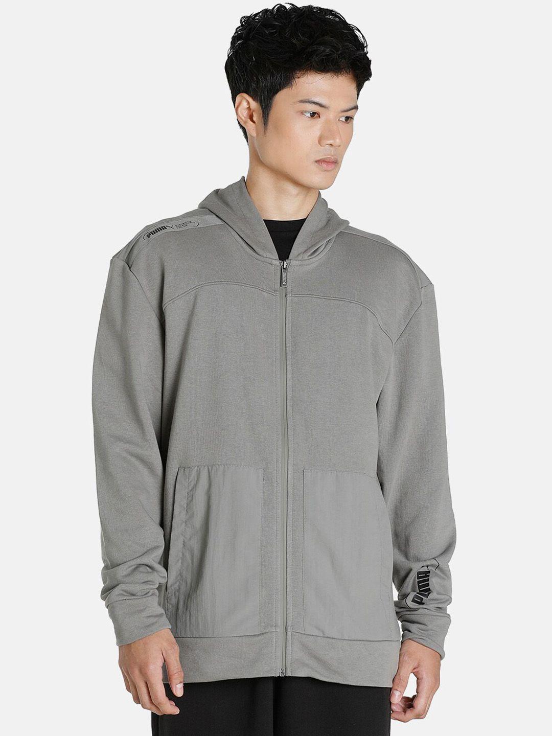 puma men grey hooded cotton sporty track jacket