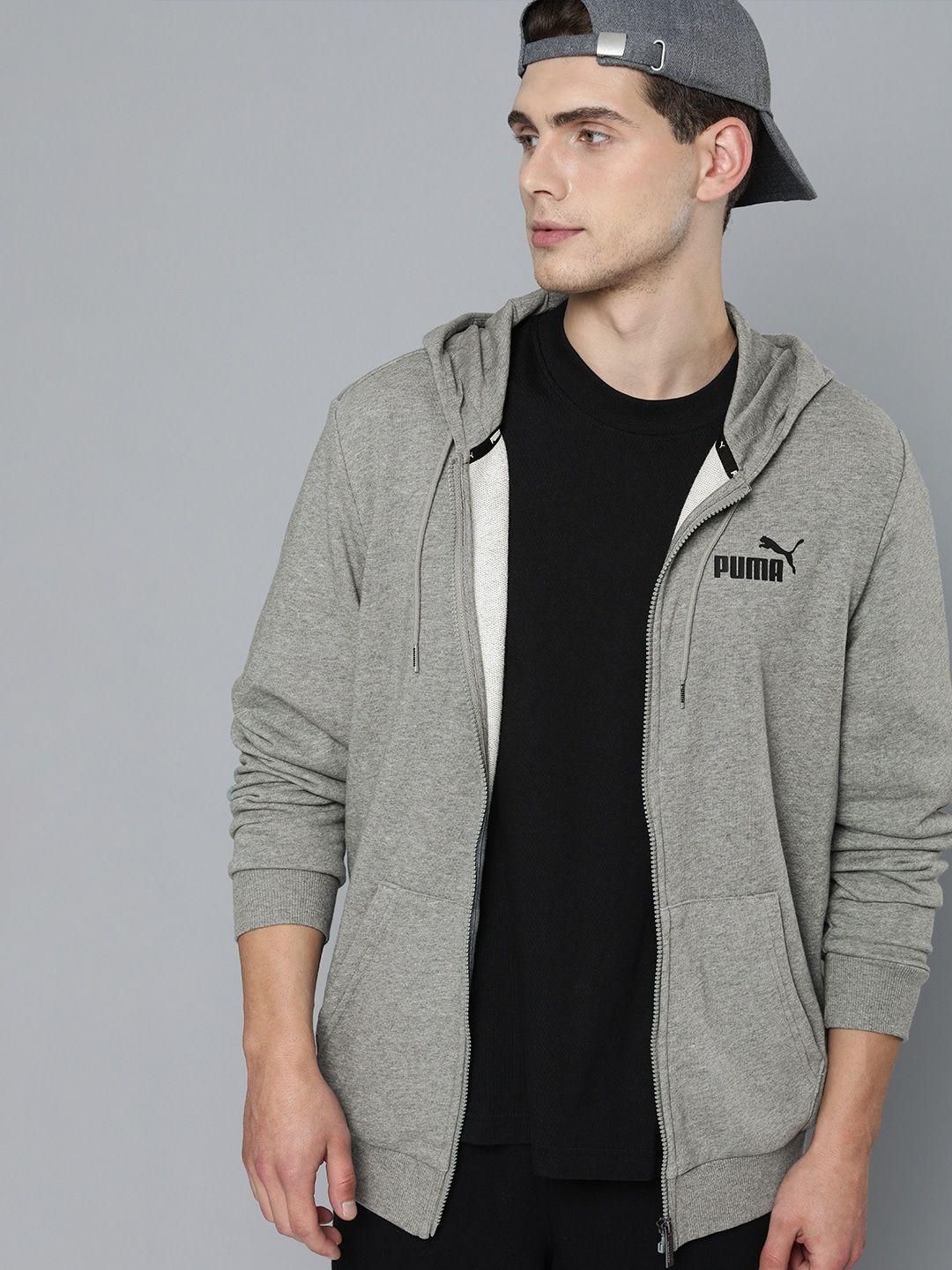 puma men grey logo printed front-open hooded sweatshirt