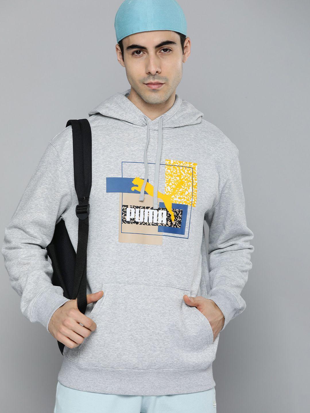 puma men grey melange printed brand love hooded sweatshirt