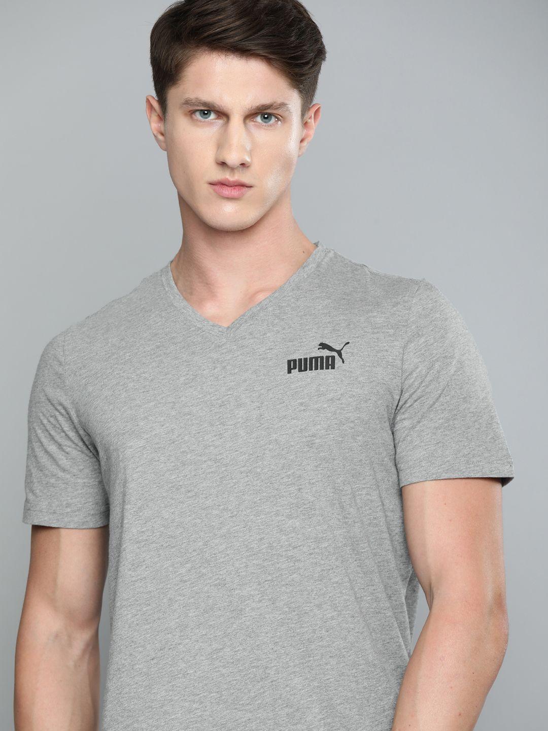 puma men grey melange solid ess v-neck pure cotton t-shirt