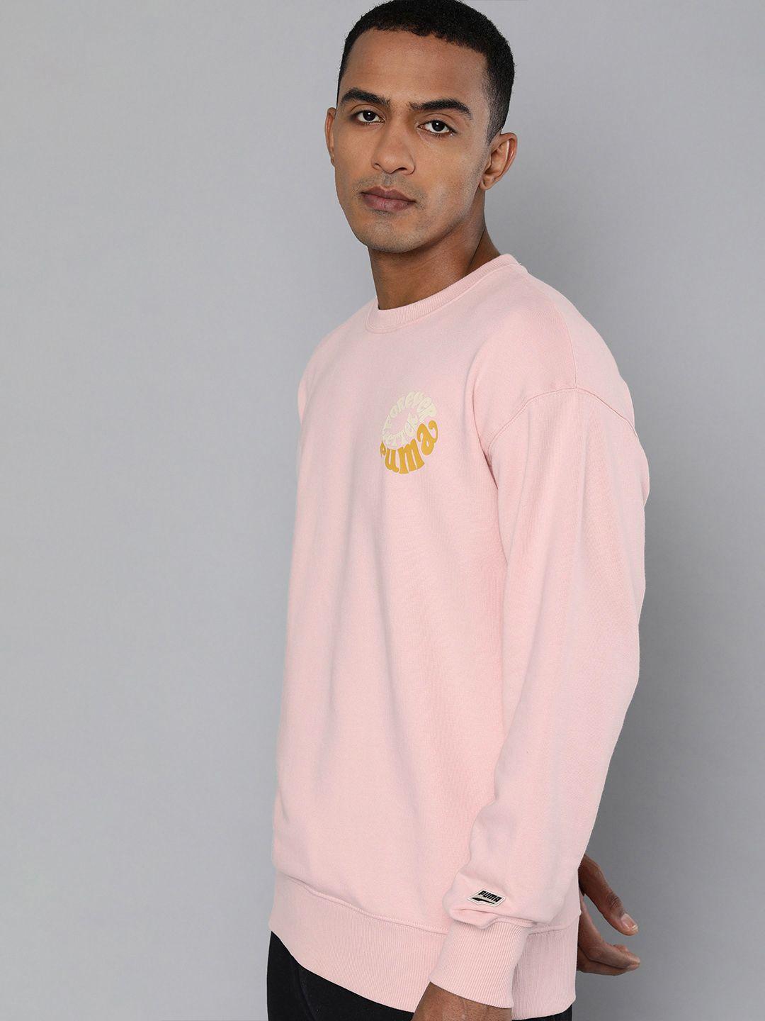 puma men light pink typography printed round-neck crew pullover sweatshirt