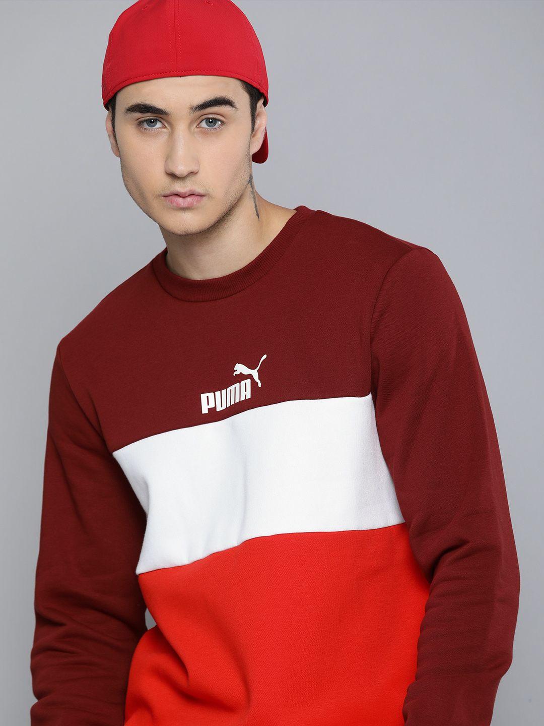 puma men maroon & orange colourblocked essential+ crew sweatshirt