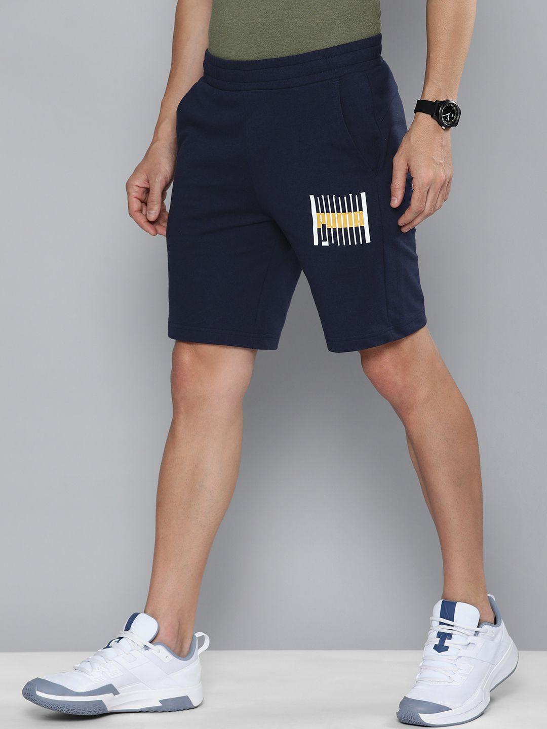 puma men navy blue brand logo printed slim fit sports shorts