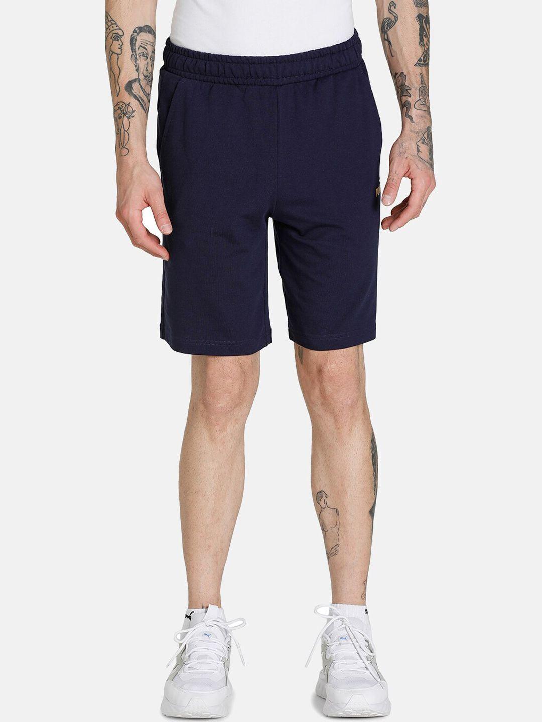 puma men navy blue slim fit cotton sports shorts