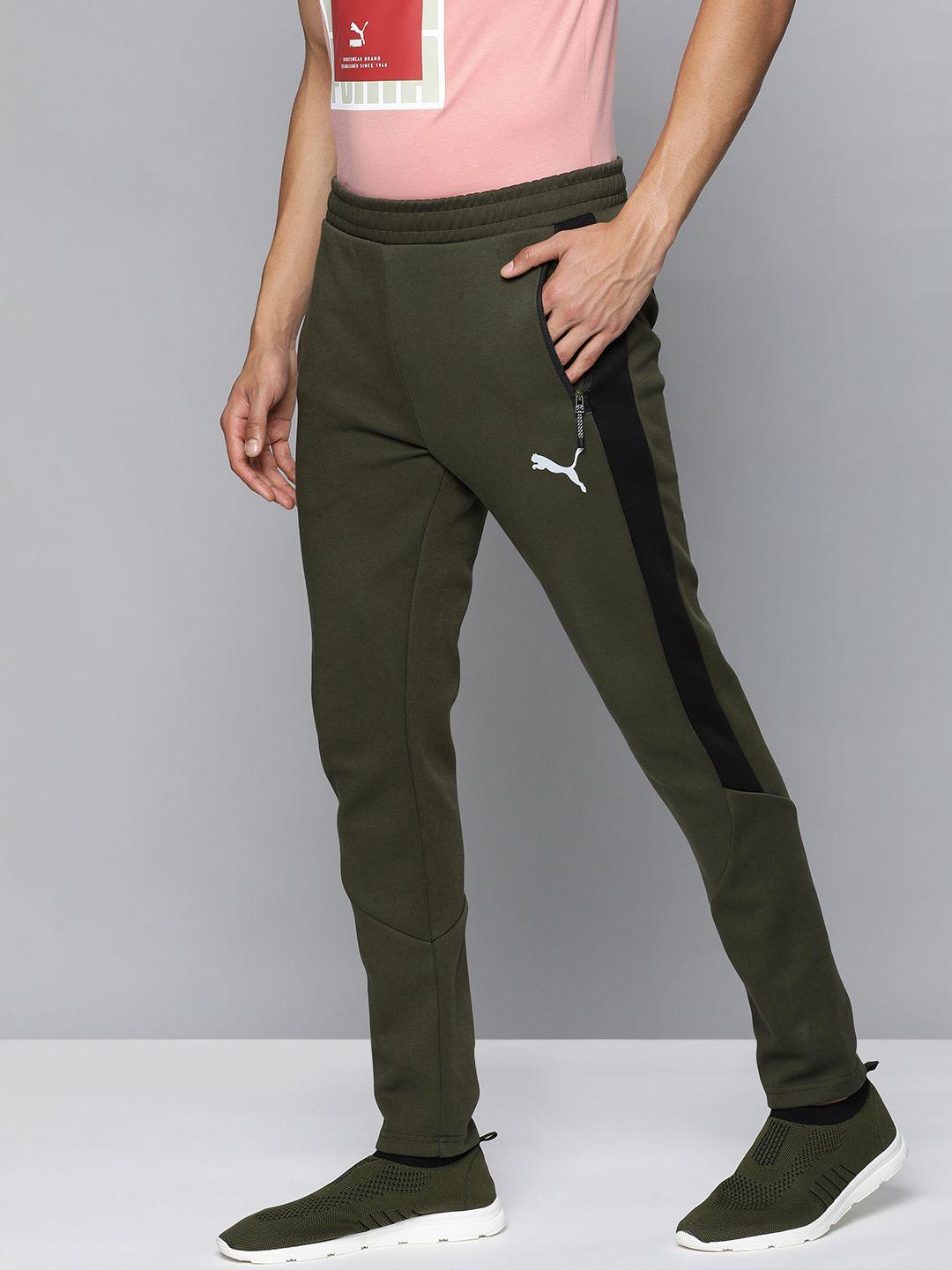 puma men olive green & black colourblocked drycell slim fit track pants