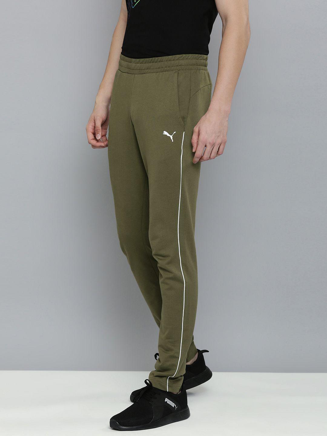 puma men olive green & white colourblocked mid rise casual track pants