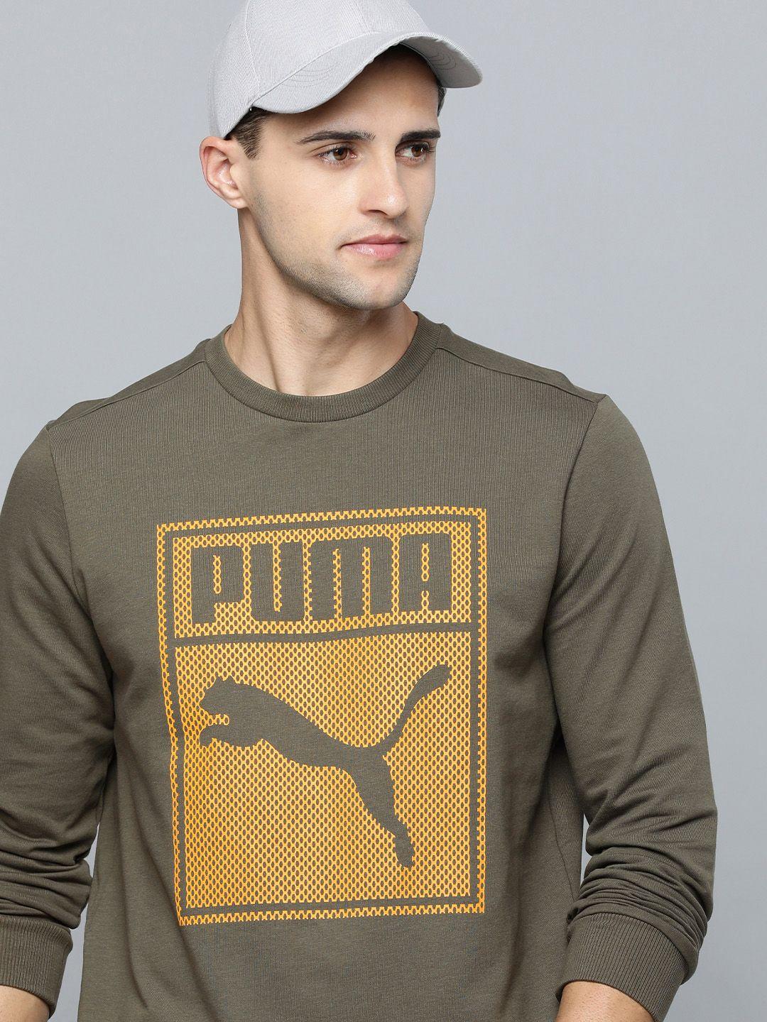 puma men olive green brand logo printed graphic crew pullover sweatshirt