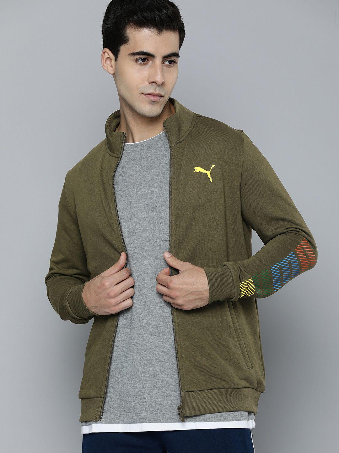 puma men olive green brand logo printed knitted sporty track jacket