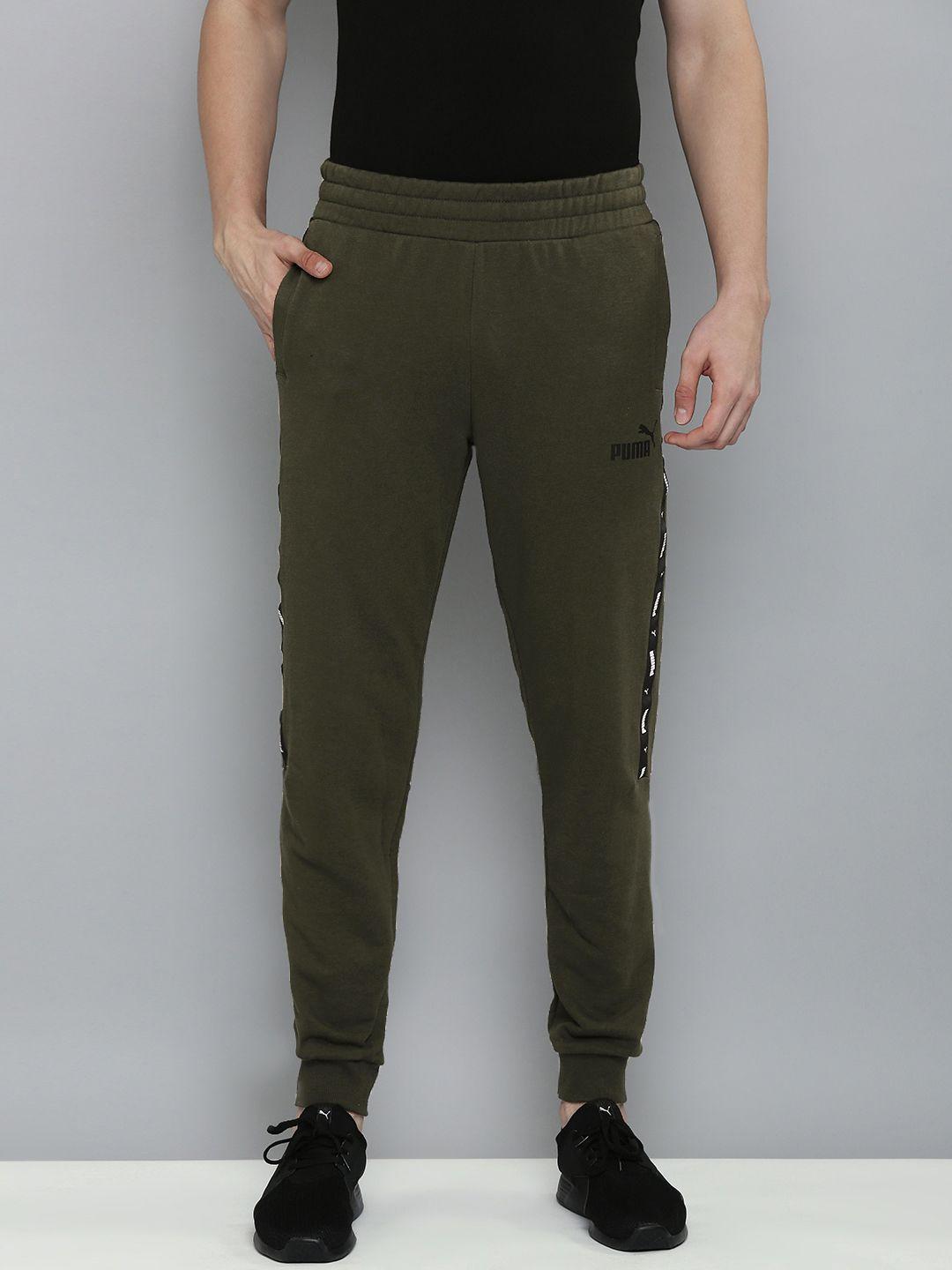 puma men olive green brand logo printed mid-rise regular joggers