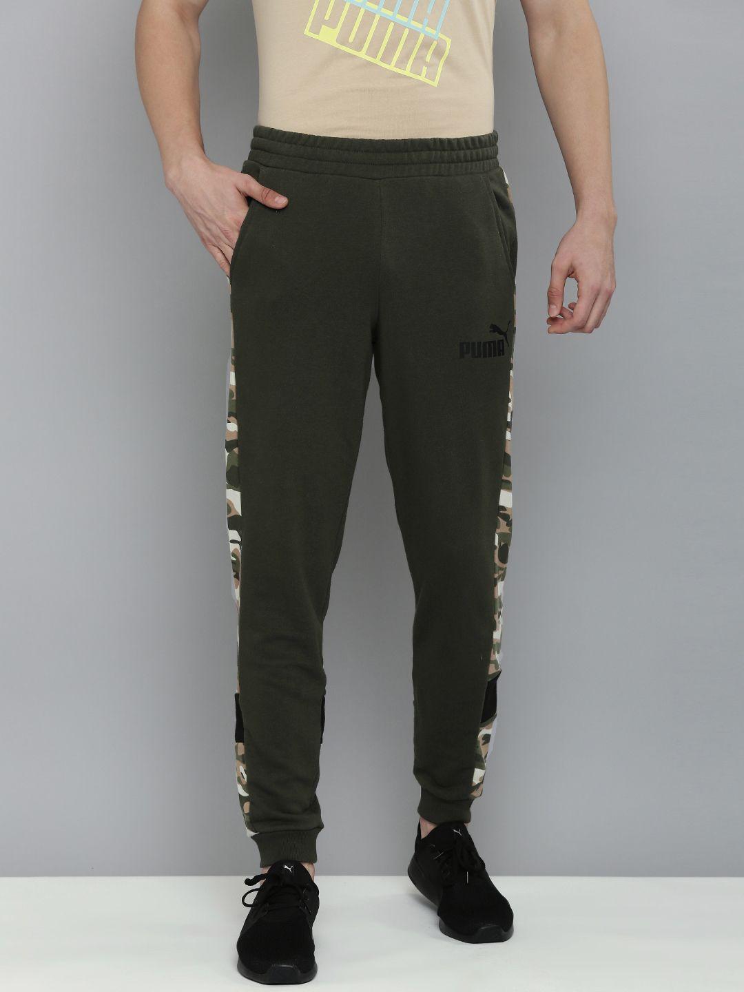 puma men olive green brand logo printed regular joggers with printed side stripes