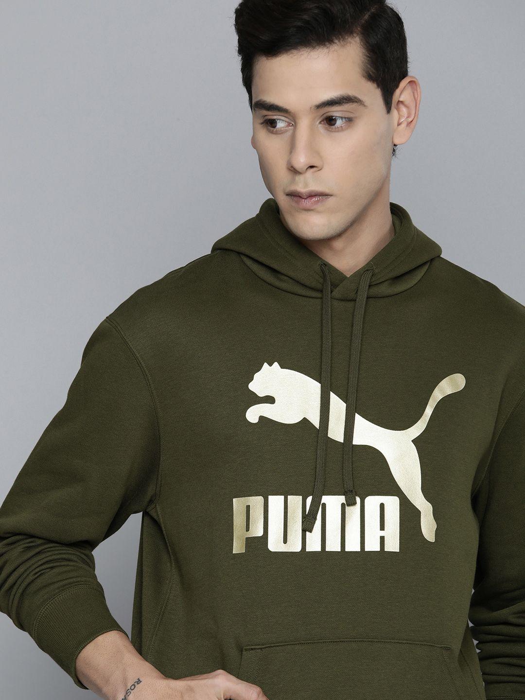 puma men olive green printed classics metallic hooded sweatshirt