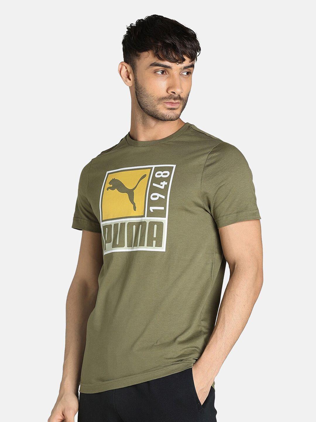 puma men olive green relaxed fit graphic printed cotton t-shirt