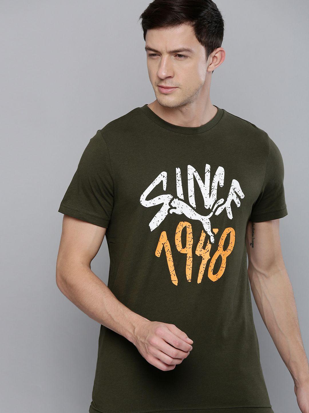 puma men olive green typography printed slim fit t-shirt