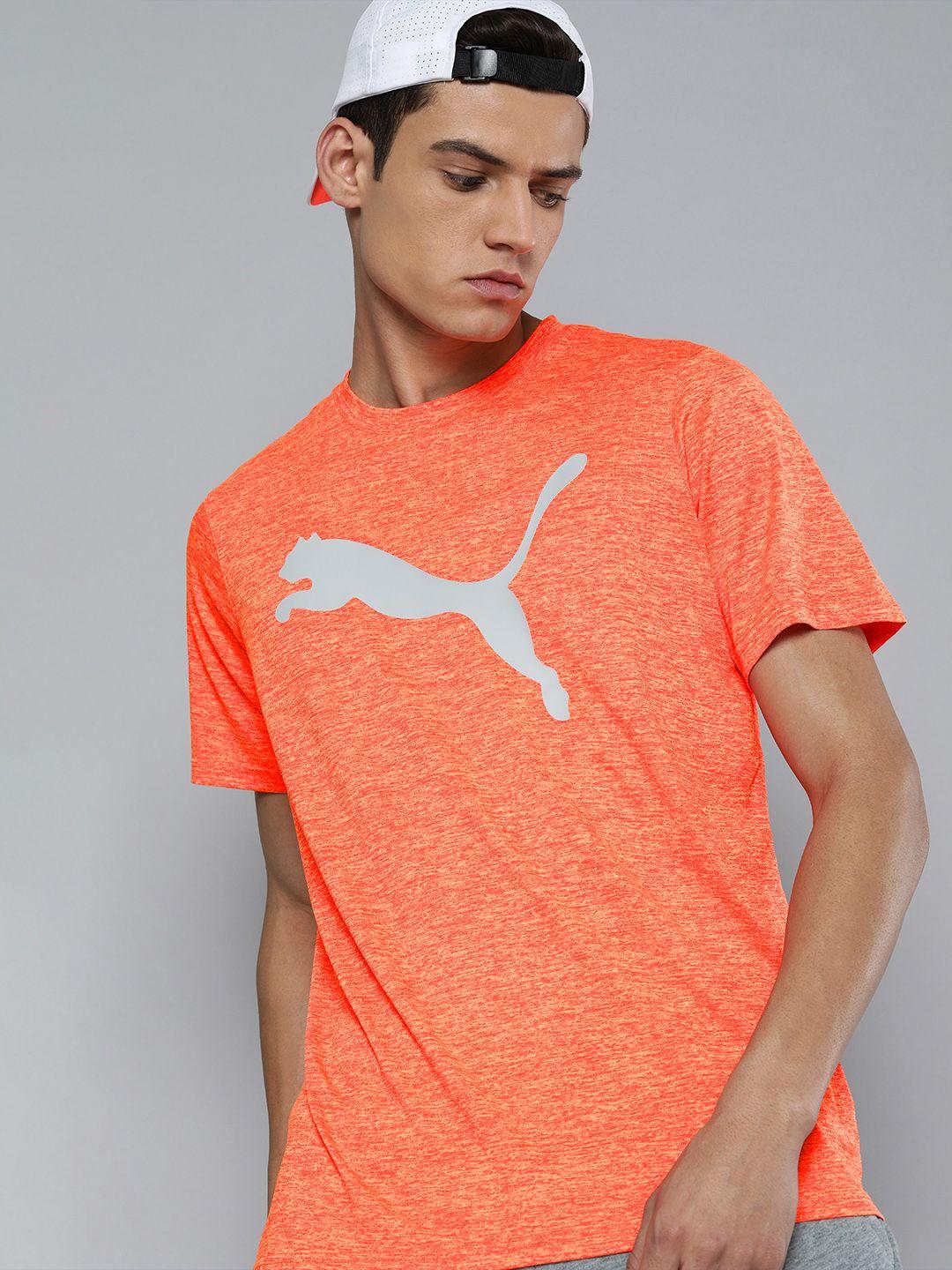 puma men orange & white brand logo printed training or gym t-shirt