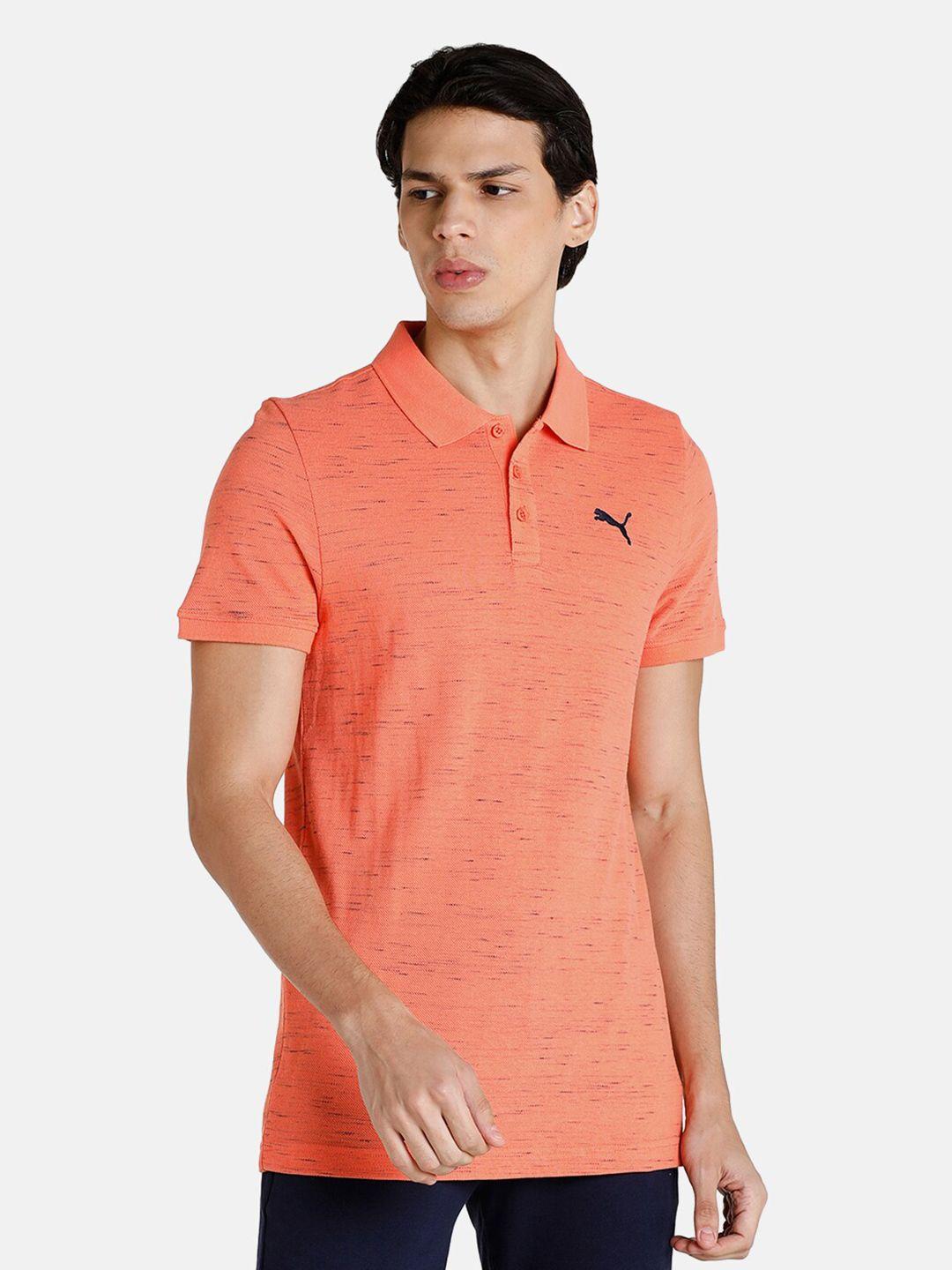 puma men orange self design brand logo polo collar slim fit t-shirt