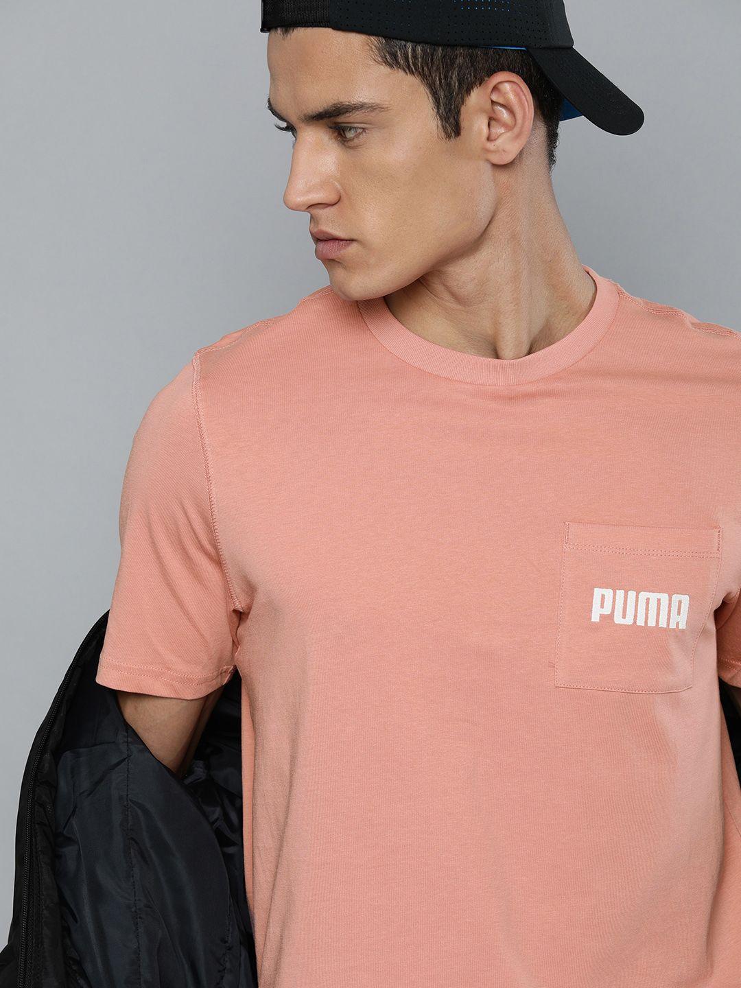 puma men peach-coloured & white modern basics pocket t-shirt