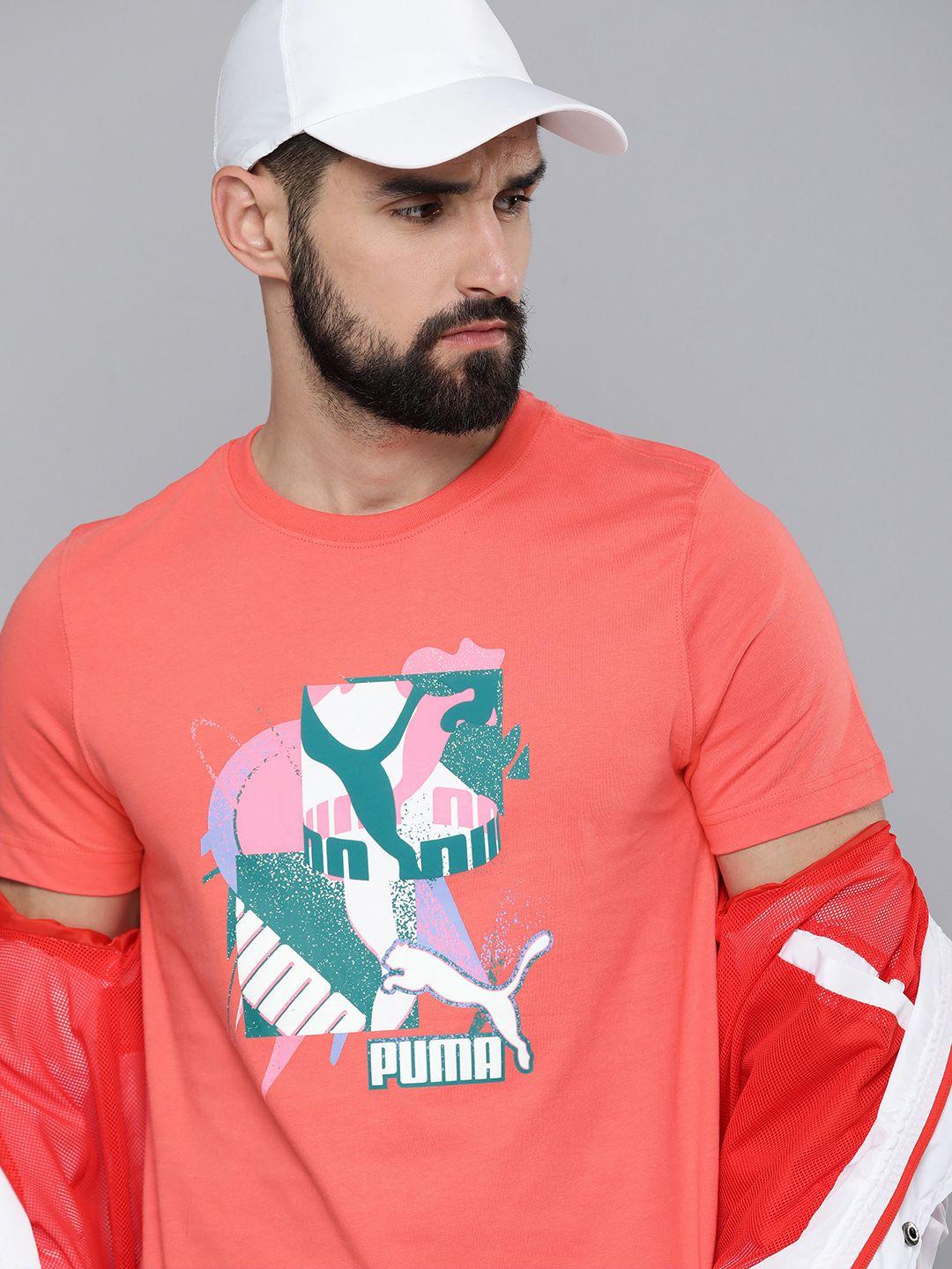 puma men peach-coloured brand logo printed fandom graphic slim fit t-shirt